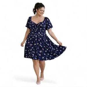 Torrid 2X Navy Floral Mini Dress Flutter Sleeve Tie-Front Elegant